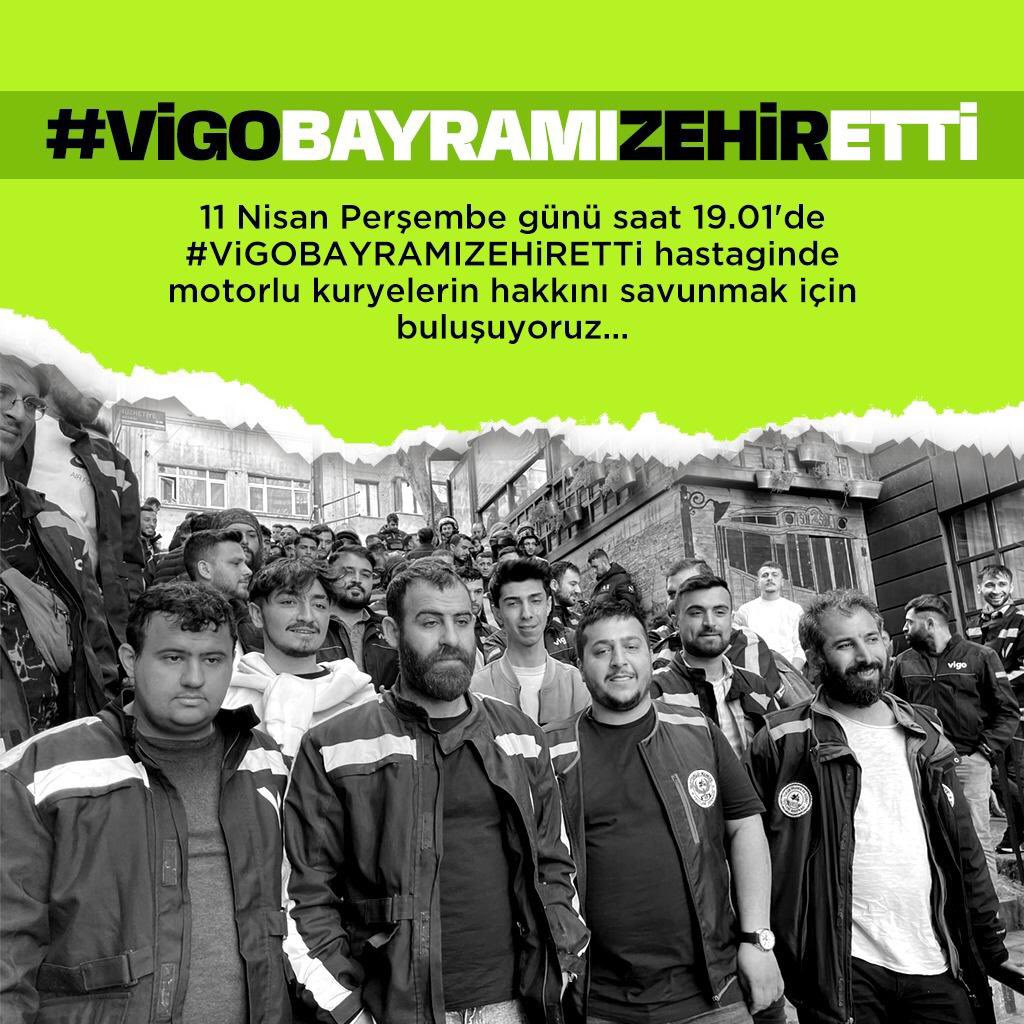 Vigo’nun saatlik garanti ücreti iptal etmesi ve paket başı ücretlendirmeye geçmesine karşı kuryeler günlerdir protestosu düzenliyor. Bu akşam 19;01’de de sosyal medyada bir farkındalık çalışması gerçekleştireceklerini duyuran kuryeler destek bekliyor. #KuryeleriÜzmeyin