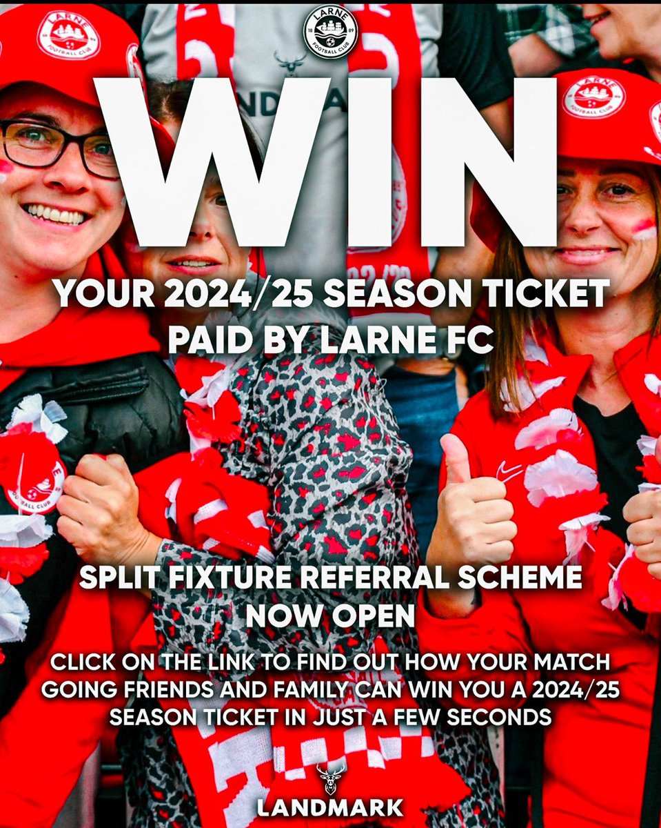 We’re giving you the chance to 𝗪𝗜𝗡 your 2024/25 Season Ticket via our referral ticket scheme 😀 Bring your friends and family to Saturday’s Her Game Too fixture against Cliftonville and be in with a chance of winning! 🤞 🗞️ larnefc.com/season-ticket-… #WeAreLarne #ForTheTown