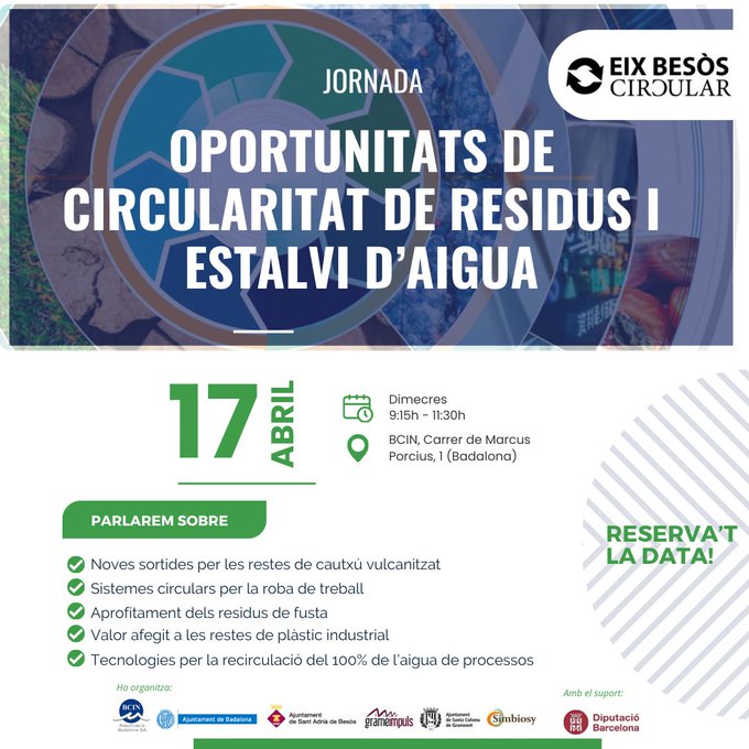 AGENDA 12-18 ABRIL
🔵 Dm 16/4
🍴📚 14è SOPAR LITERARI i xerrada amb Gemma Ruiz
🕖 19h📍Casal Dalt de la Vila
📌Inscripció prèvia

🔵 Dc 17/4
♻️ JORNADA Eix Besòs Circular: Oportunitats de circularitat de RESIDUS I ESTALVI D’AIGUA
🕘 9.15h-11.30h📍BCIN c. Marcus Porcius (Bdn)
#SAB