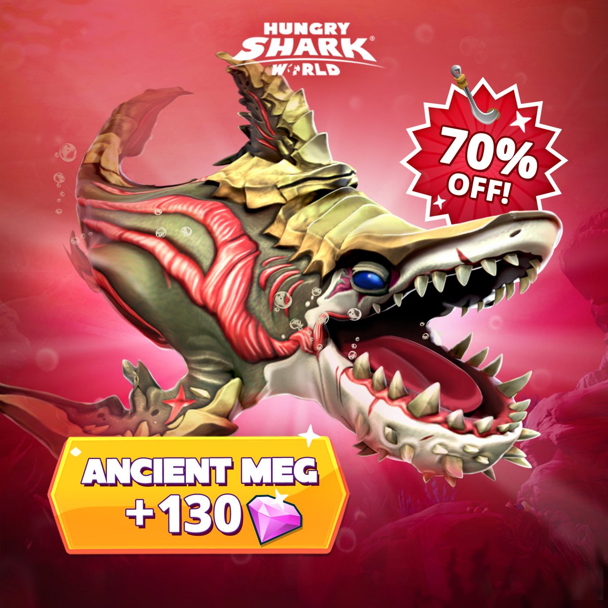 Don’t miss out on ruling the oceans with prehistoric power! 🦈 For a limited time, you have the Ancient Meg at a massive discount in #HungrySharkWorld. 😱 #HSW