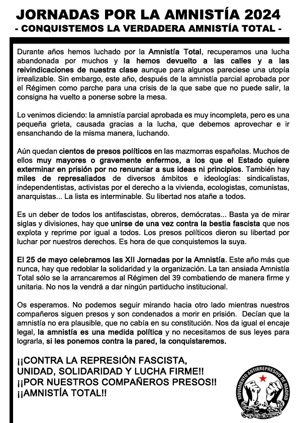 ‼️💥XII JORNADAS POR LA AMNISTÍA💥‼️ Ya tenemos las ponencias confirmadas: @jaldia1 @Adrian__Sas Gabriel Pombo da Silva. ¡Y pinchada de Sankara Project! Este año más que nunca, acércate. ¡Organicemos la solidaridad y la lucha! 📌@CSO_Atalaya 📅25 de mayo