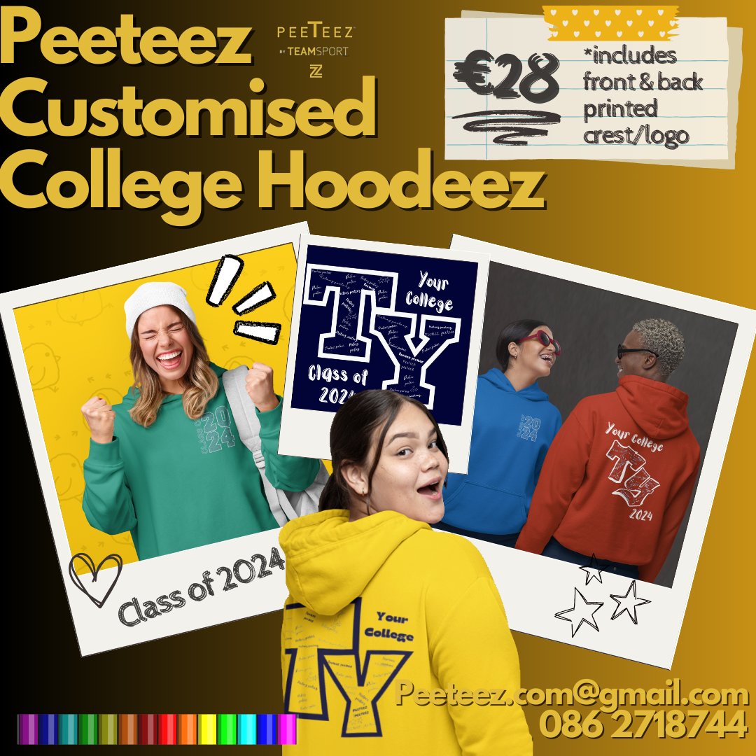 📣 Countdown for TY Students! 

Why not create some memories with your own customised Class of '24 hoodeez! 

Our team can even help you create your preferred design 

Chat with our team today
📱 📲 087 2398297 
📧 peeteez.com@gmail.com

#printing #embroidery #ty #schoolhoodies