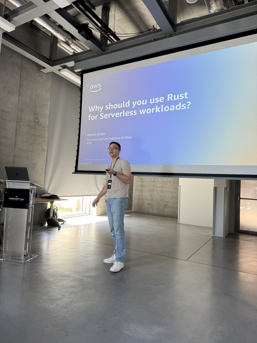 . @romannboiko is about to inspire us about #Rust with #awslambda here at #AWSCommunityDay Poland 🇵🇱