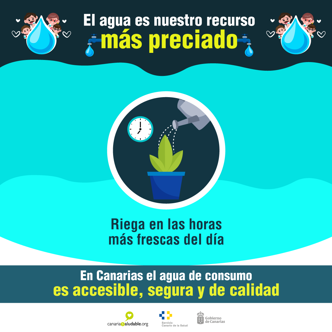 #SanidadAmbiental #Agua Procura regar en las horas más frescas del día, así podemos conservar mejor el agua. @SanidadGobCan @PresiCan @JuventudCanaria @012Gobcan @VicepresiCan