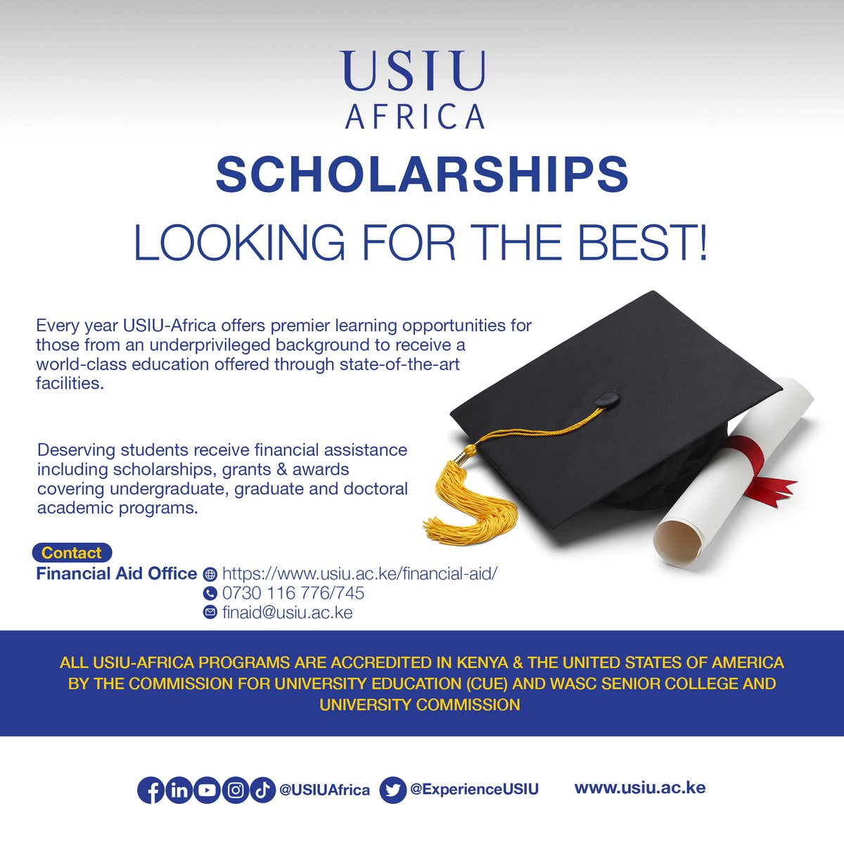 Scholarship Alert! The Financial Aid Office is accepting applications for the USIU-Africa Scholarships, 2024. Every year, USIU-Africa offers premier learning opportunities for those from underprivileged backgrounds to receive a world-class education offered through…