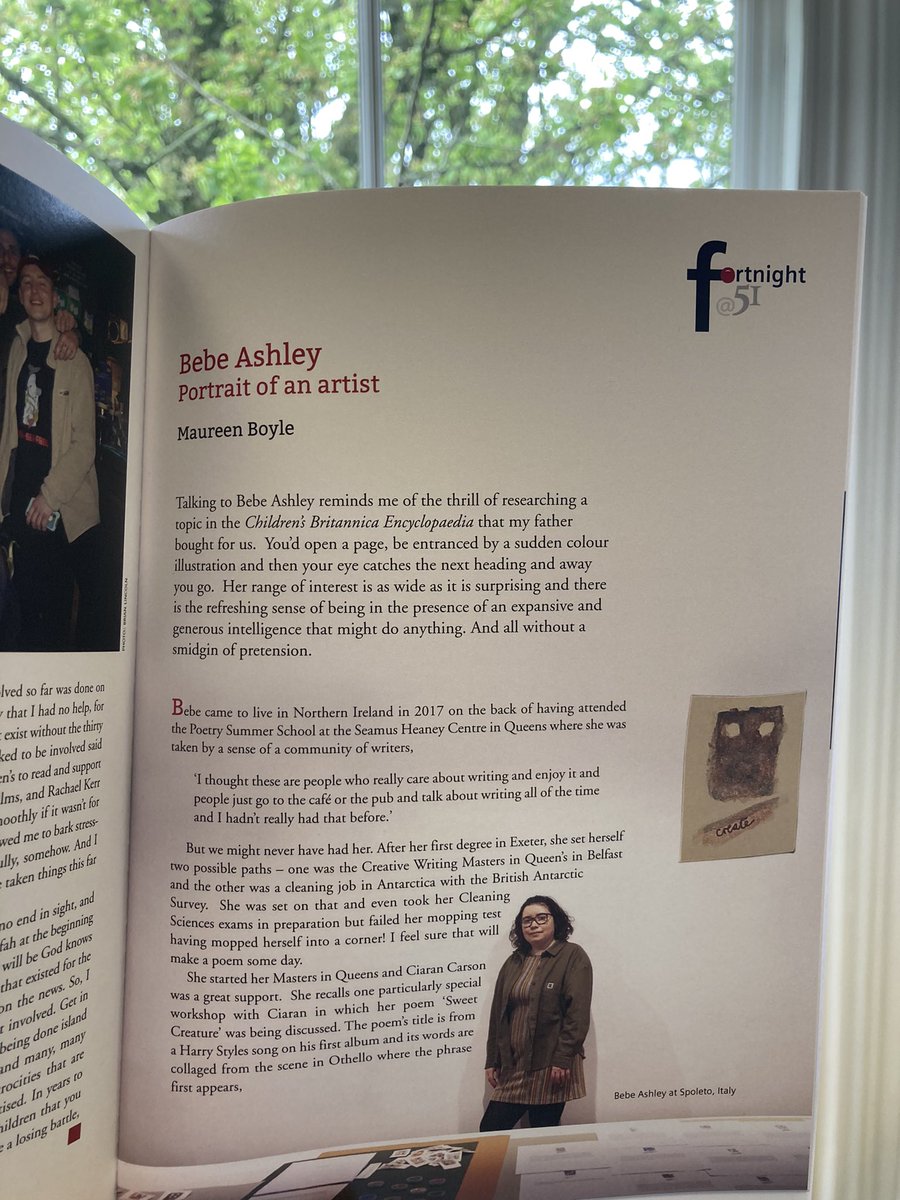 A massive thank you to @BoyleMo & @NiamhyMcNally for this beautiful profile in @fortnight50! There’s four whole pages of me if you’d like to stop by @NOALIBISBOOKS for a weekday treat!