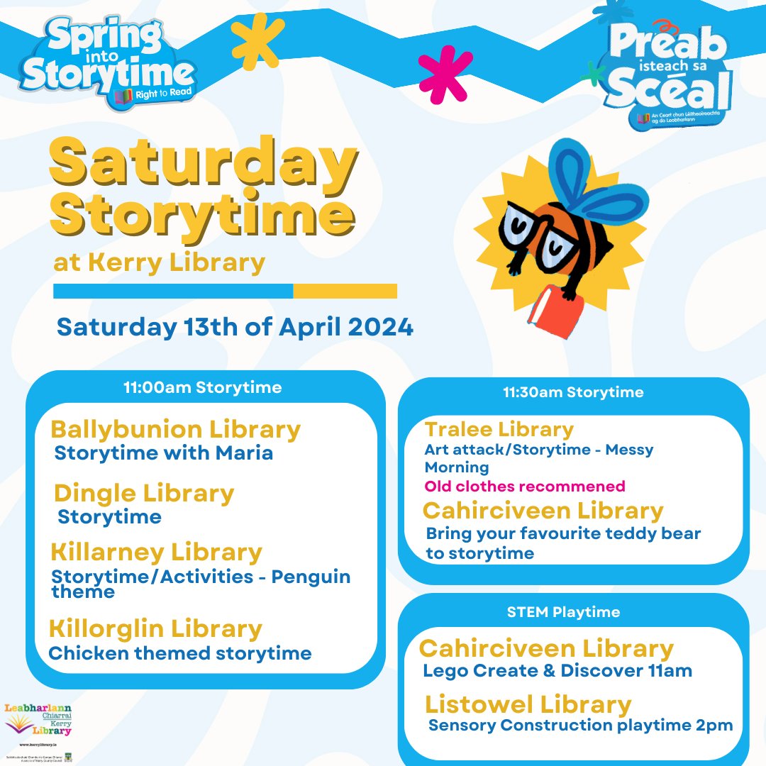 Join us for #SpringIntoStorytime this Saturday Storytime at 11am ⚔️Ballybunion 👑Killarney 🌭Killorglin Storytime at 11.30am 🎨Tralee 🚀Caherciveen LEGO Create & Discover 🧱Caherciveen at 11am Sensory Construction Playtime 🏗️Listowel Library at 2pm