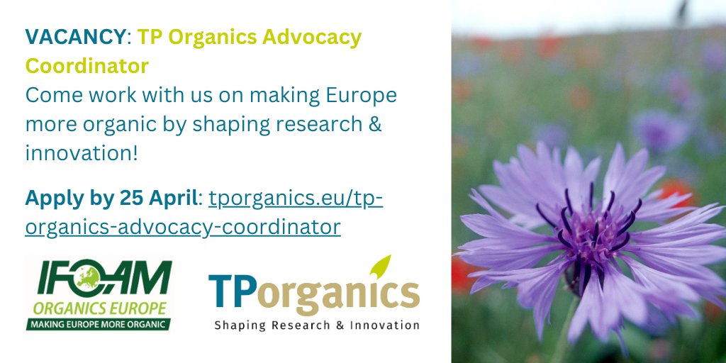 🧐WANTED: #TPOrganics Advocacy Coordinator at @OrganicsEurope

Do you have experience in organising NGO alliances & advocating at EU level, a good network within Brussels & 🇪🇺 institutions & knowledge of EU R&I policy?
✍️🏾Apply by 25 April!
🔎More info: tporganics.eu/tp-organics-ad…