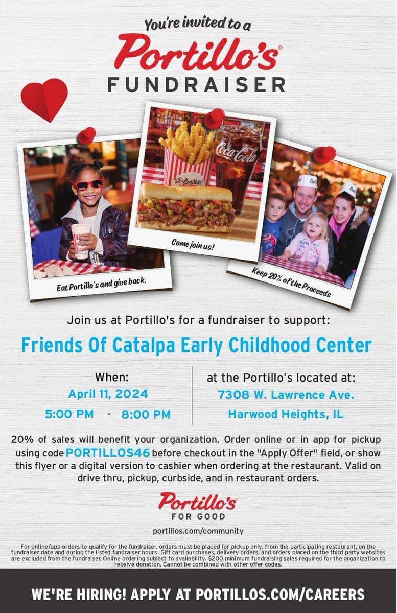 Make Portillos your dinner option tomorrow night and 20% of the sales will go directly to our Friends of Catalpa ECC !