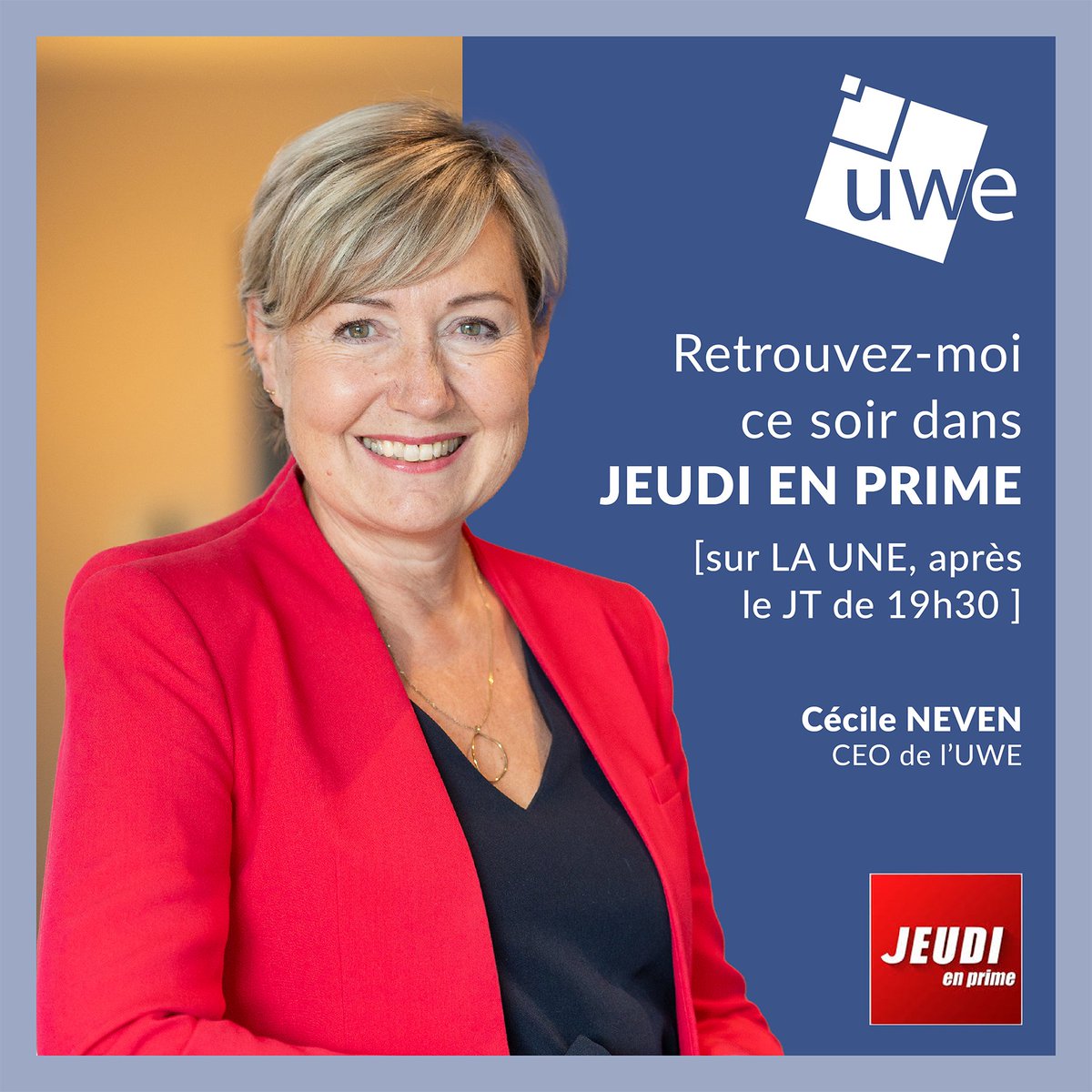📺 Cécile Neven, CEO de l'@UWE_asbl, sera l'invitée de Jeudi en Prime ce soir à partir de 19h58 sur la Une @RTBFinfo : auvio.rtbf.be/live/jeudi-en-… #uwe #entreprise #jeudienprime