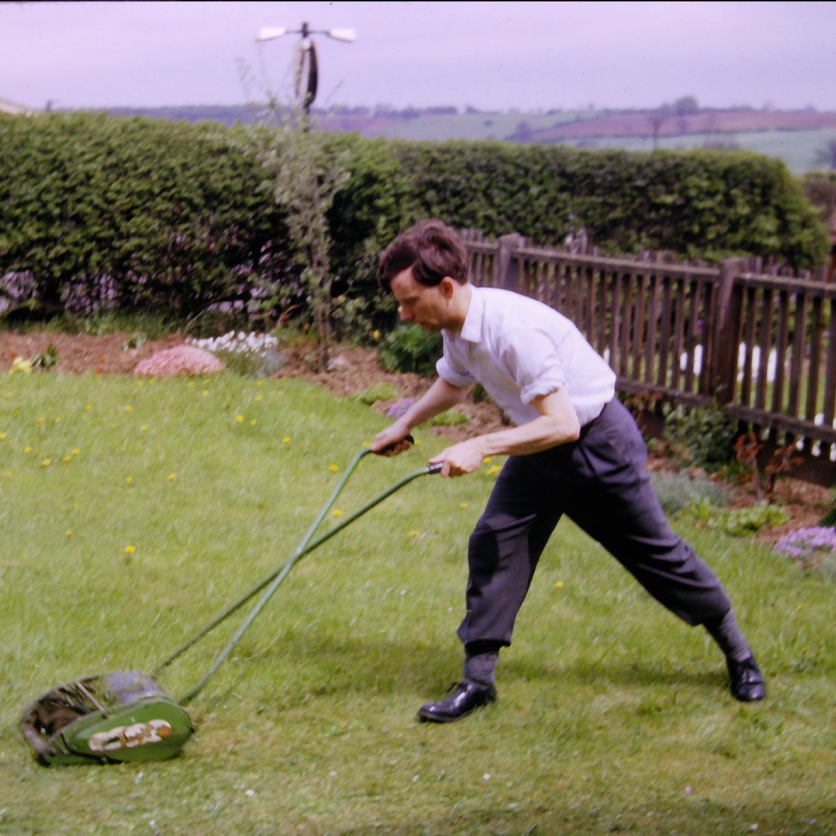 A joy to have a pub date - 3.7.25 - for my memoir 'Listen With Father' @unbound. So grateful to everyone who has supported it thus far: also available for pre-order here: unbound.com/books/listen-w…. Now here's a photo of my Dad mowing the lawn in 1963