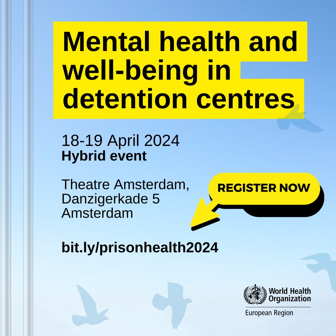 Mark your calendars for the 'Mental Health and Well-Being in Detention Centers' conference in Amsterdam on 18–19 April. We’ll dive into discussions to shape a healthier future for all, inside and outside prison walls. bit.ly/4aSICFr #PrisonHealth2024 #PrisonHealth