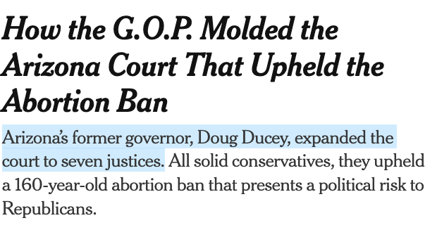 Isn't it interesting how republicans go insane if democrats mention expanding the U.S. Supreme Court but former republican Governor Doug Ducey expanded the AZ high court without a blip & that's the court that said yes to the pre-Civil War anti-abortion law.
