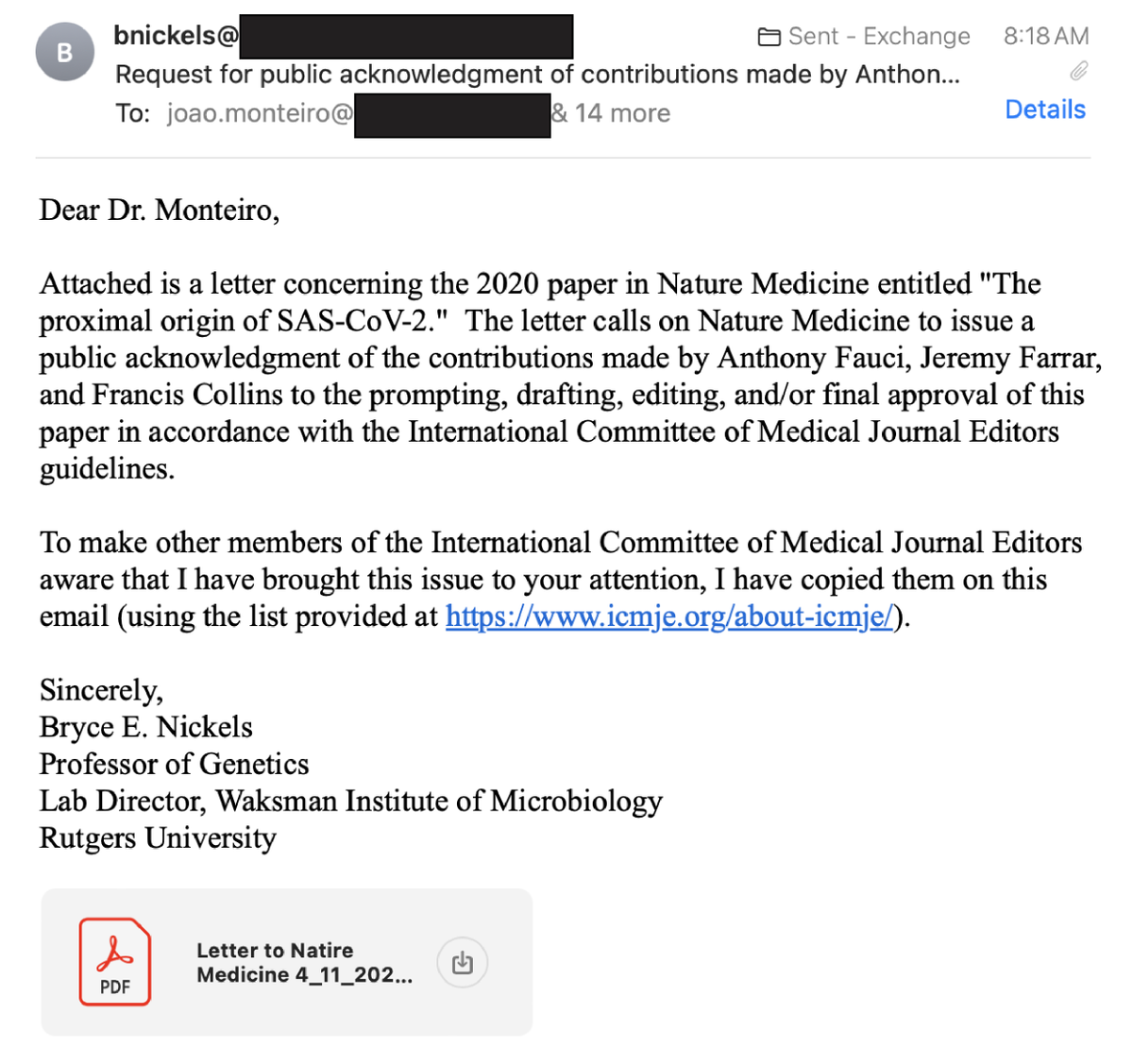 🧵ANNOUNCEMENT At 8:18 AM today, I sent a formal request to Nature Medicine Chief Editor Joao Monteiro to issue a public acknowledgment of contributions made by Anthony Fauci, Jeremy Farrar, and Francis Collins to Proximal Origins in accordance with the ICMJE guidelines. (1/n)