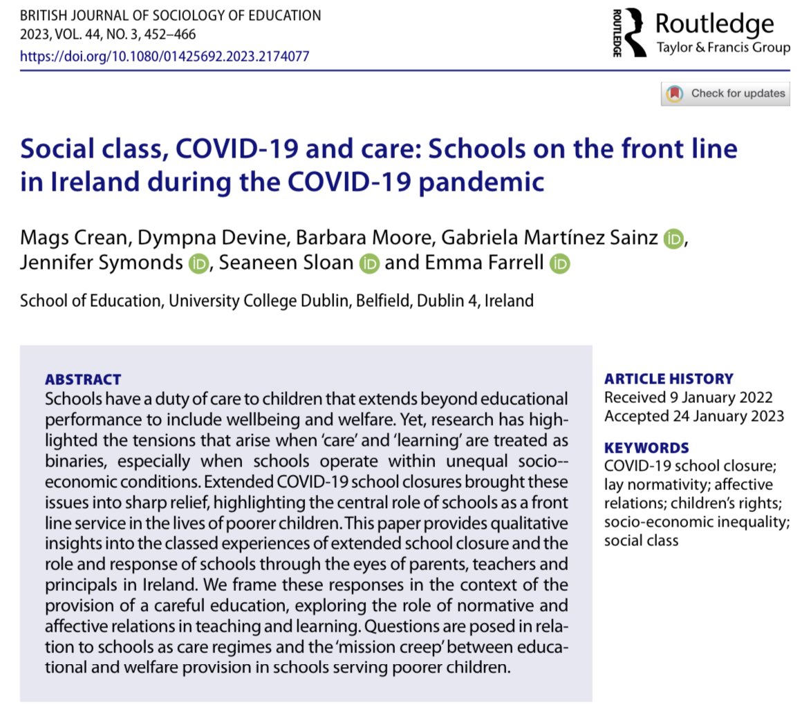 📄 #CSLstudy research in British Journal of Sociology of Education @BJSocEd 🚨 @DrMagsCrean and colleagues explore care and social class across CSL case study schools during Covid-19 closures. @SchoolofEdUCD @NCCAie #edchatie