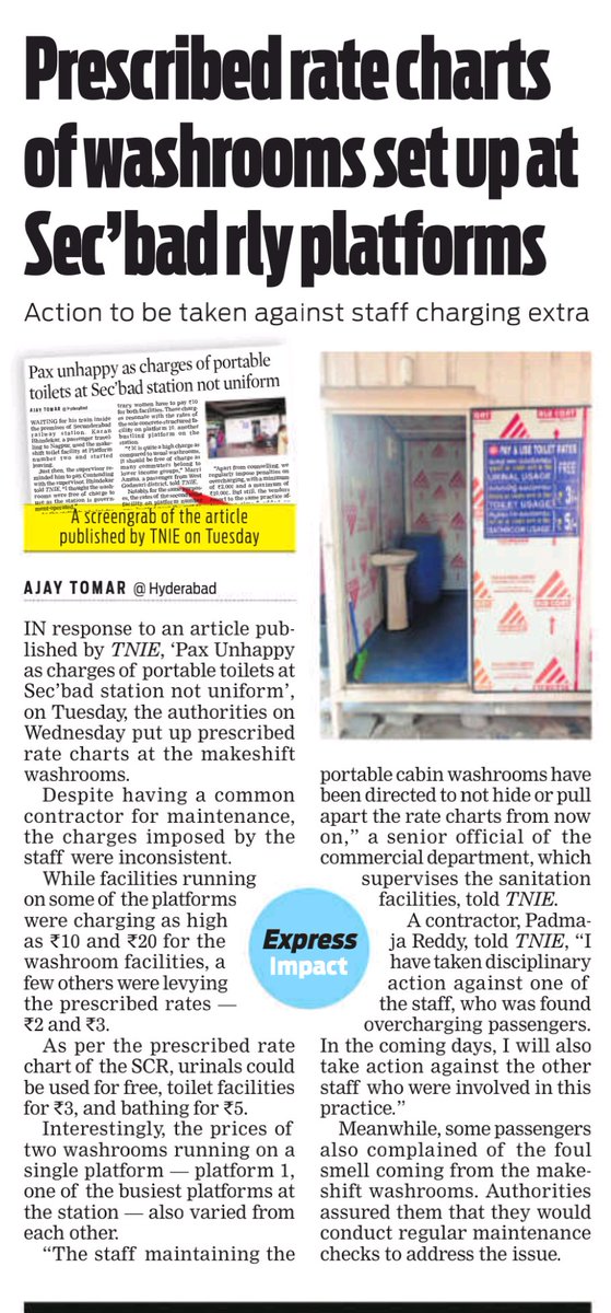 EXPRESS IMPACT: In response to the @XpressHyderabad article 'Pax unhappy as charges of portable toilets at Secunderabad station not uniform', the @SCRailwayIndia authorities have put up prescribed rate charts at makeshift washrooms. @Kalyan_TNIE @santwana99 @PrasannaRS2