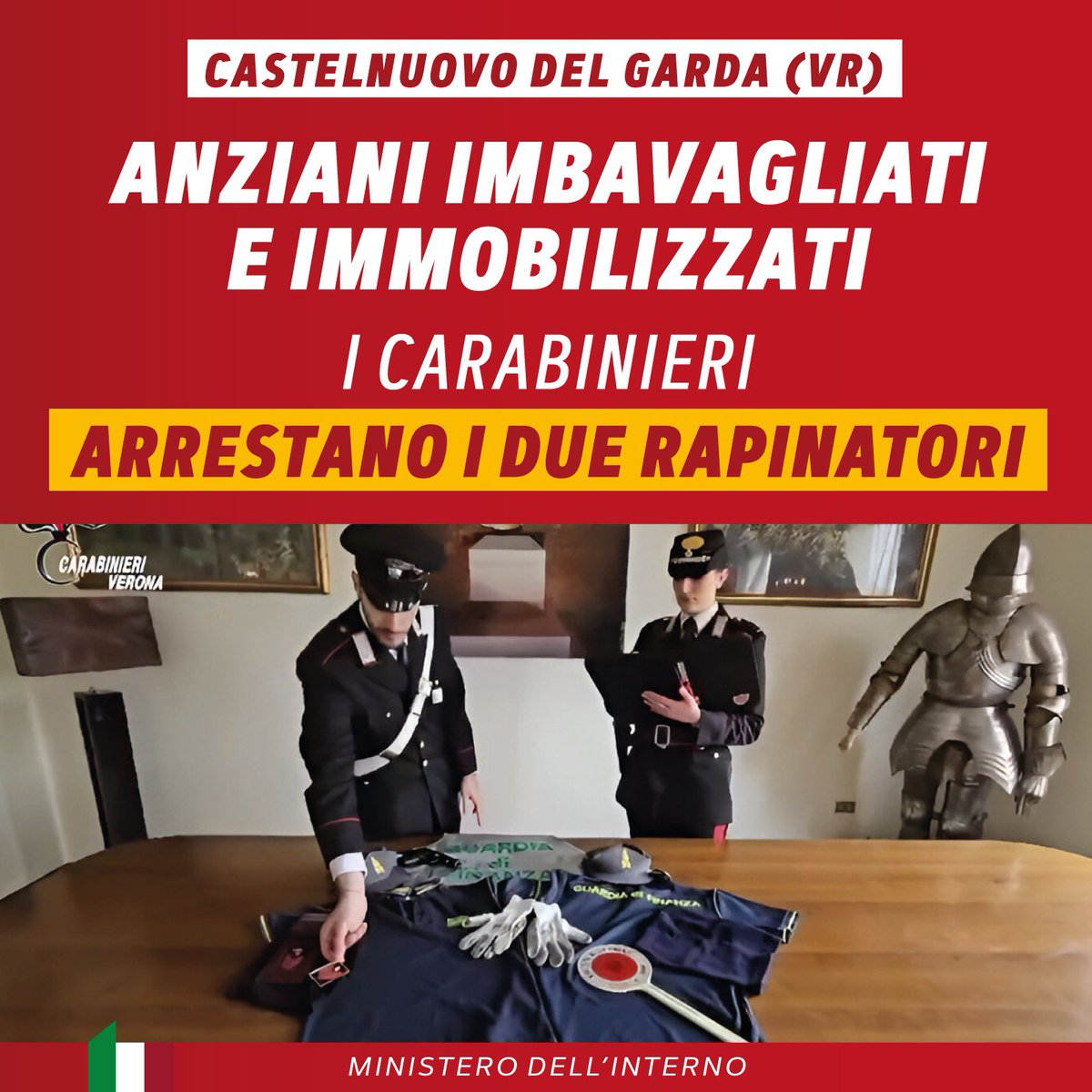 Fingendosi operatori delle Forze dell’ordine avevano rapinato due anziani coniugi nella loro abitazione, a Castelnuovo del Garda, immobilizzandoli e imbavagliandoli. I @_Carabinieri_, a seguito di mirate indagini, hanno tratto in arresto i responsabili.