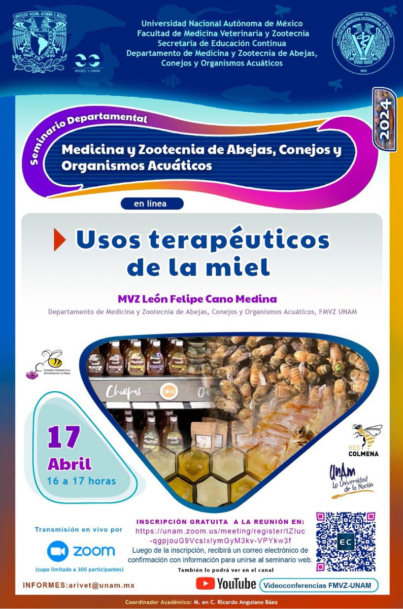 Solatina_org's tweet photo. ⚠️Seminario sobre los usos terapéuticos de la miel. 
Por consultas contactarse con arivet@unam.mx https://t.co/RRItlqB9fn