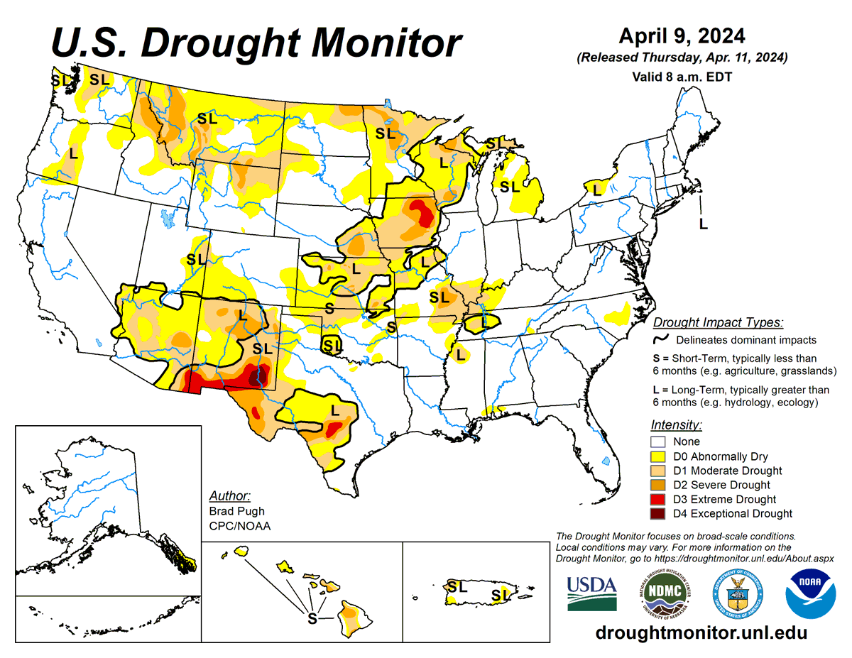 US Drought Monitor 4-11-24

For the 50 states and Puerto Rico, the US Drought Monitor shows 14.66% in moderate drought or worse, compared to 15.12% last week.

#droughtmonitor #drought #drought2024 #climate #science #data #maps #UnitedStates #USA #US