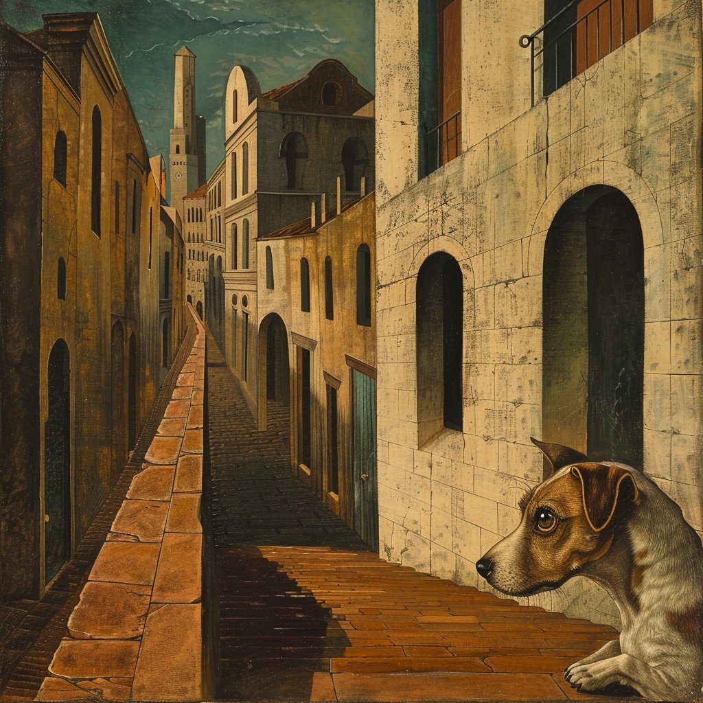 In Giorgio de Chirico's surreal 'The Mystery and Melancholy of a Street,' a brave Jack Russell Terrier adds a touch of whimsy, ready to unravel the city's secrets! #JackRussellTerrier #JackRussell