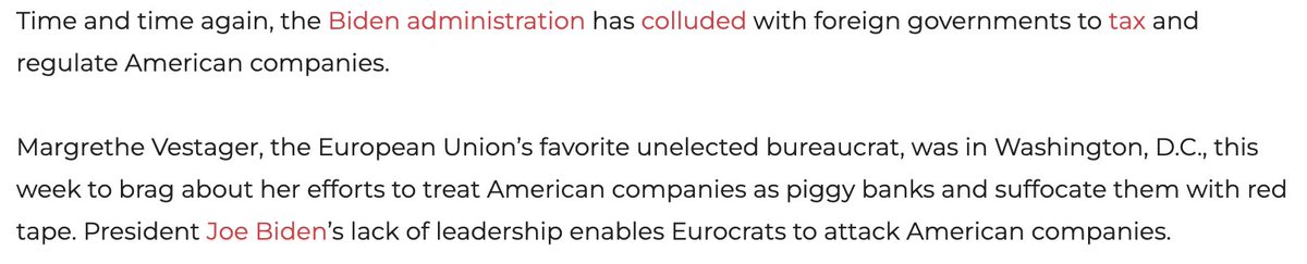 This week, @vestager was in town bragging about how she colludes with @linakhanFTC to tax and regulate American companies. My colleague Andreas Hellmann and I are in @dcexaminer today walking through how your tax dollars fund Vestager's mission. tinyurl.com/y2yfv458 👇