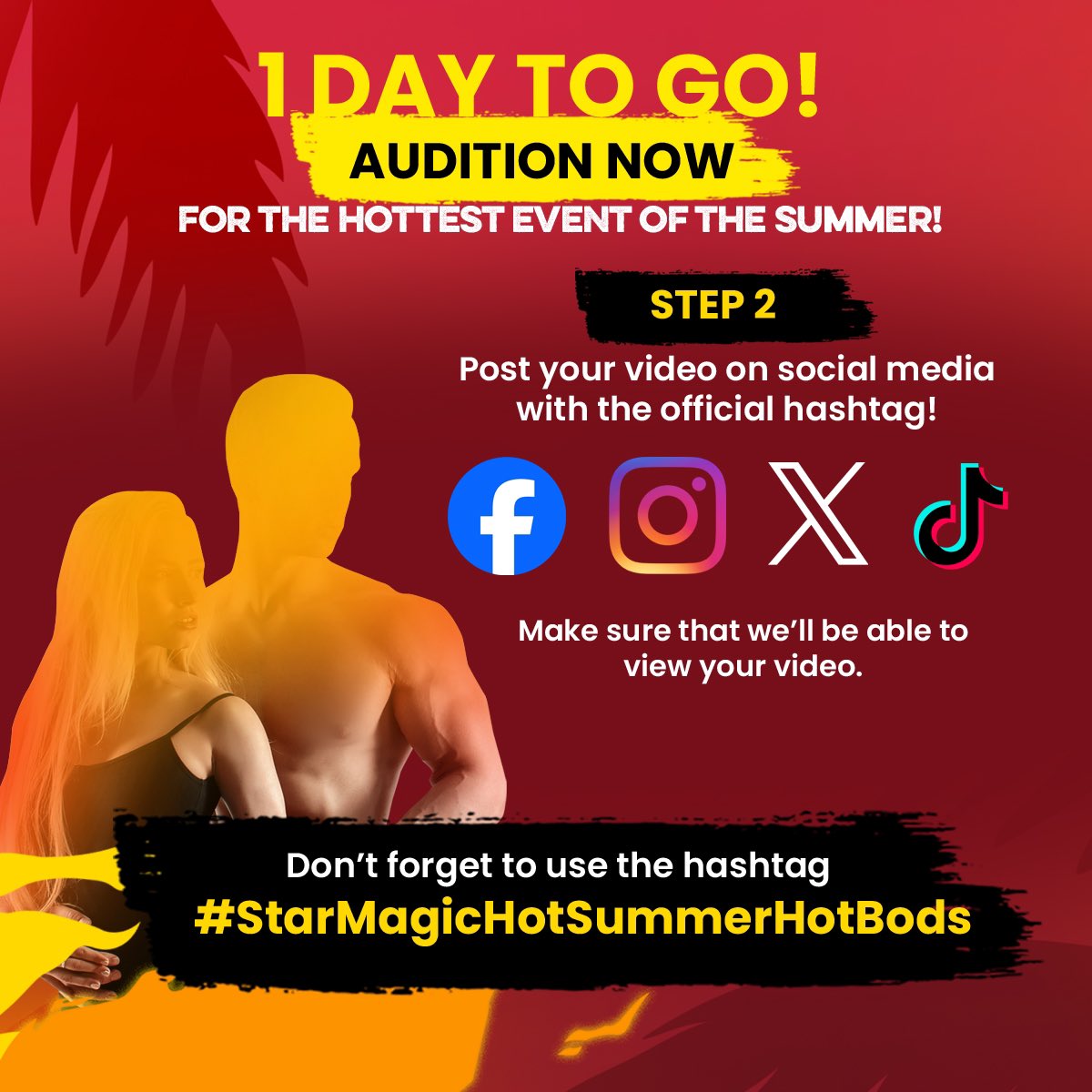 AUDITION NOW—1 DAY TO GO! 🔥

Post a video showcasing your hot bod & personality with the hashtag #StarMagicHotSummerHotBods on FB, IG, X, TikTok, and be one of the faces—and bodies—of the hottest event this May along with Star Magic artists!