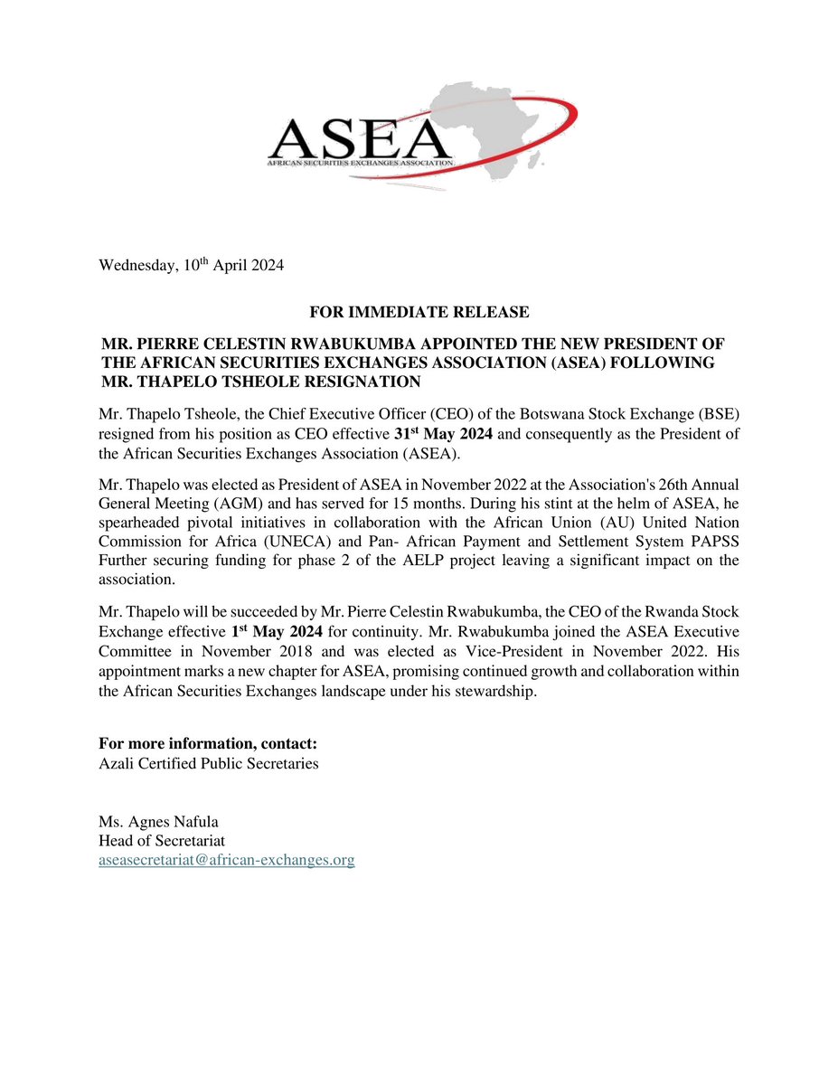 PRESS RELEASE: MR. PIERRE CELESTIN RWABUKUMBA APPOINTED THE NEW PRESIDENT OF THE AFRICAN SECURITIES EXCHANGES ASSOCIATION (ASEA) FOLLOWING MR. THAPELO TSHEOLE RESIGNATION