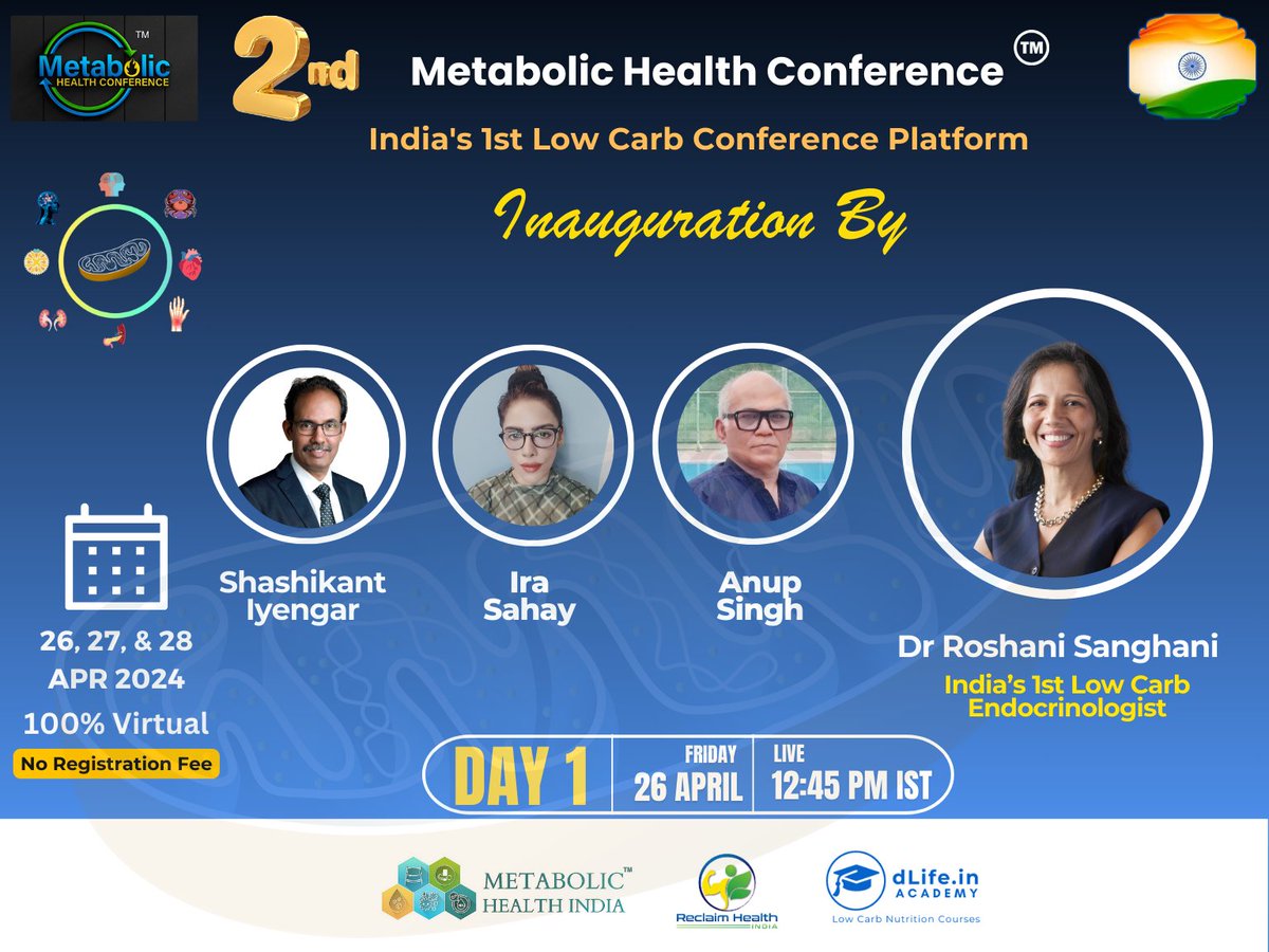 Inauguration ceremony Lead host Ira Sahay @theirasahay Shashikant Iyengar @shashiiyengar & Anup Singh @dlifein will be hosting Dr Roshani Sanghani @DrRoshani who is India’s 1st Low Carb Endocrinologist Metabolic Health Conference – India’s 1st Low-Carb Conference Platform.…