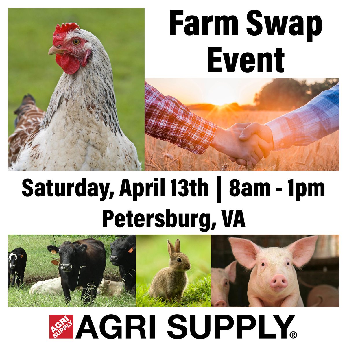 Join us this Saturday, 4/13/24 from 8 AM - 1 PM for an animal swap event at our Petersburg, VA store location!