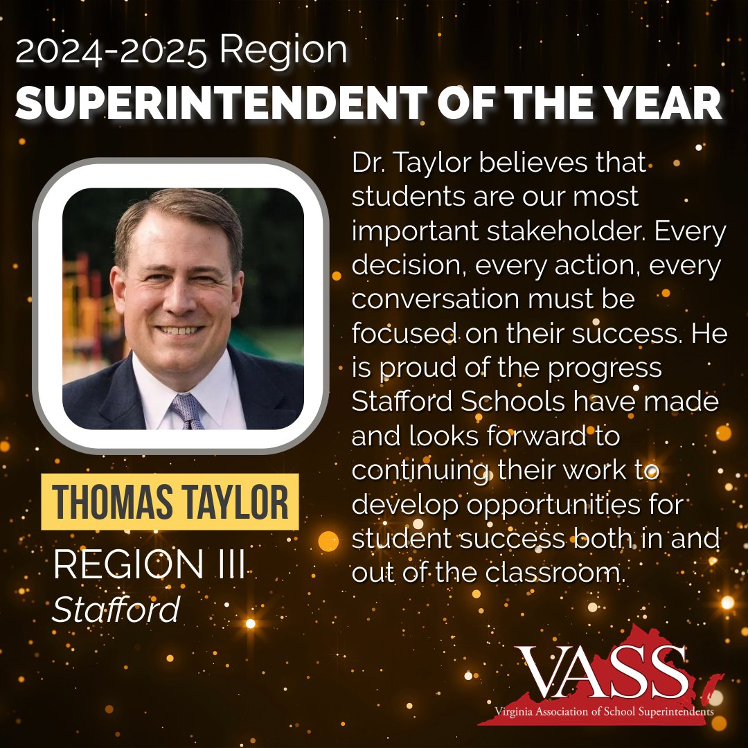 Congratulations to Region III Superintendent of the Year, Thomas Taylor. Follow us this month as we highlight all eight Region Superintendents of the Year and join us in Roanoke for the Spring Conference, where the 2024-2025 Virginia Superintendent of the Year will be revealed!