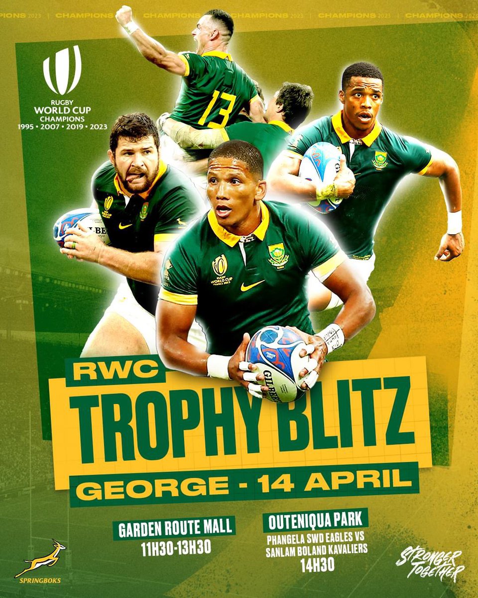 The Springboks’ #RugbyWorldCup #TrophyBlitz tour will continue in George on Sunday 14 April, when Manie Libbok and Marco van Staden will take the #WebbEllis Cup to the picturesque Southern Cape. The Garden Route Mall visit will be at the Food Court from 11h30 to 13h30. 🇿🇦