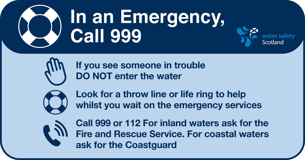 If you see someone in the water – do not get in the water yourself. Look for a life saving device, call 999 ask for fire and rescue if it is inland loch or river. Coast or beach ask for coastguard. More info: rb.gy/4g0ims #BeWaterAware