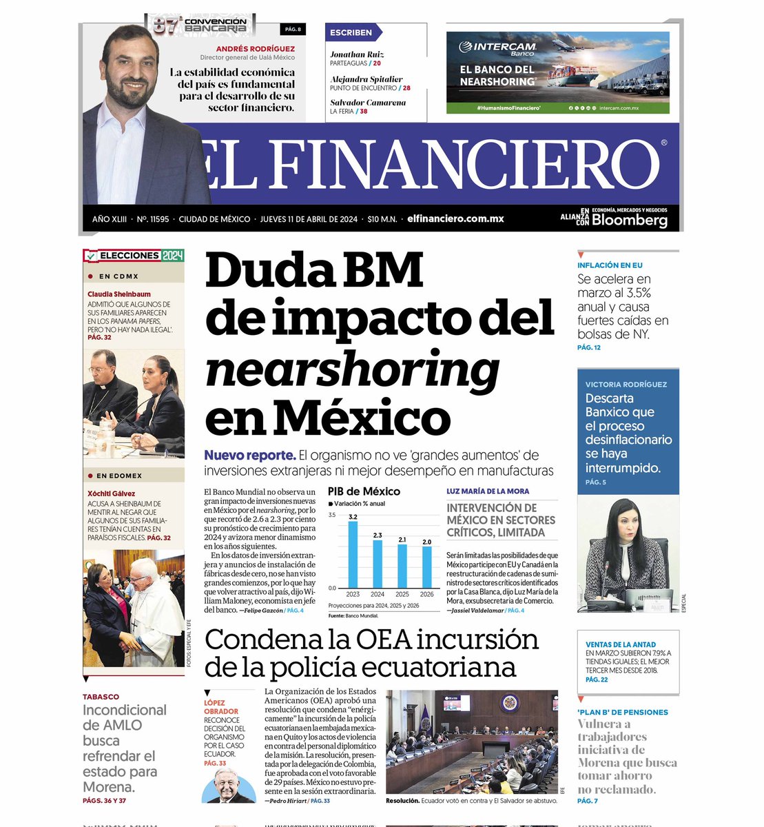 #EFContigo | ¡#FelizJueves! Hoy #EnPortadaEF destacamos: 📍Duda Banco Mundial impacto del #nearshoring en #México. 📍Condena OEA incursión de la policía ecuatoriana. 📍Descarta @Banxico que proceso desinflacionario se haya interrumpido. Más noticias: bit.ly/2TM88cg