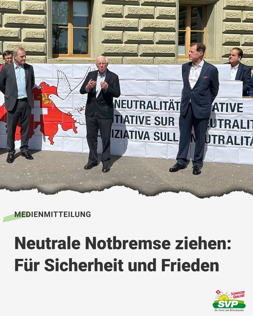 Die SVP Schweiz begrüsst die Einreichung der Neutralitäts-Initiative. Die schleichende Auflösung der Neutralität ist eine Gefahr für die innere und äussere Sicherheit der Schweiz. 👉🏼 svp.ch/aktuell/publik…