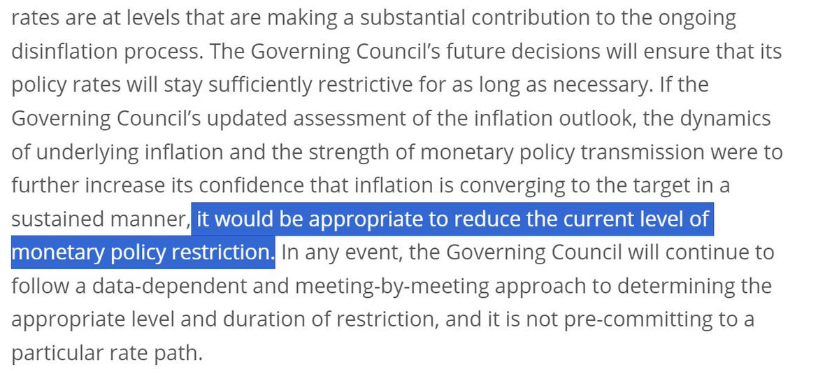 ECB açıklamalarında bir sürpriz yok. Başkan'ın bu cümleleri nasıl değerlendireceği daha önemli (çünkü koşullu) ama bir önceki toplantıya göre net bir değişiklik diyebiliriz :