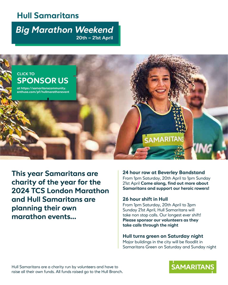 Please support @hullsamaritans in our Big Marathon Weekend. Come down to Beverley Bandstand and cheer on our rowers. Listeners will also be available if you need to talk #RaisingAwareness #Rowing #Freephone116123 #PleaseRetweet