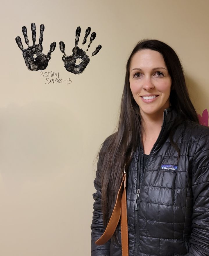 This was a special moment from #NCSD2023 when survivor Ashley Senter celebrates being five years NED (no evidence of disease) by putting her handprints on the wall during the #NationalCancerSurvivorsDay celebration hosted by Benefis Sletten Cancer Center in Great Falls, MT.