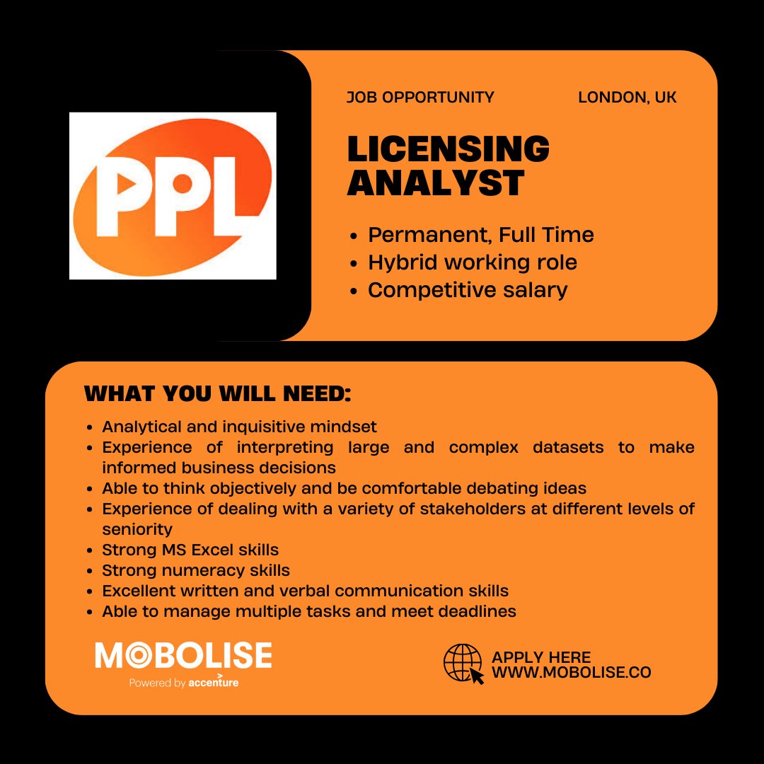 JOB OPPORTUNITY 👀 @PPLUK's Licensing team is looking for a new Licensing Analyst to join its team. If you have an analytical & inquisitive mindset, a passion for music and strong numeracy skills, then this role is for you. Apply today at mobolise.co!