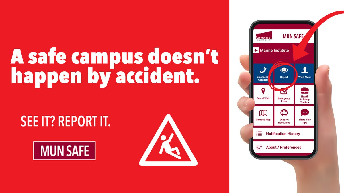 If you see a health and safety hazard at MI, use the MUN Safe app to report it. Reports will be investigated. Download the app via Google Play or Apple app store 📲 ow.ly/Nqc750QWXsg