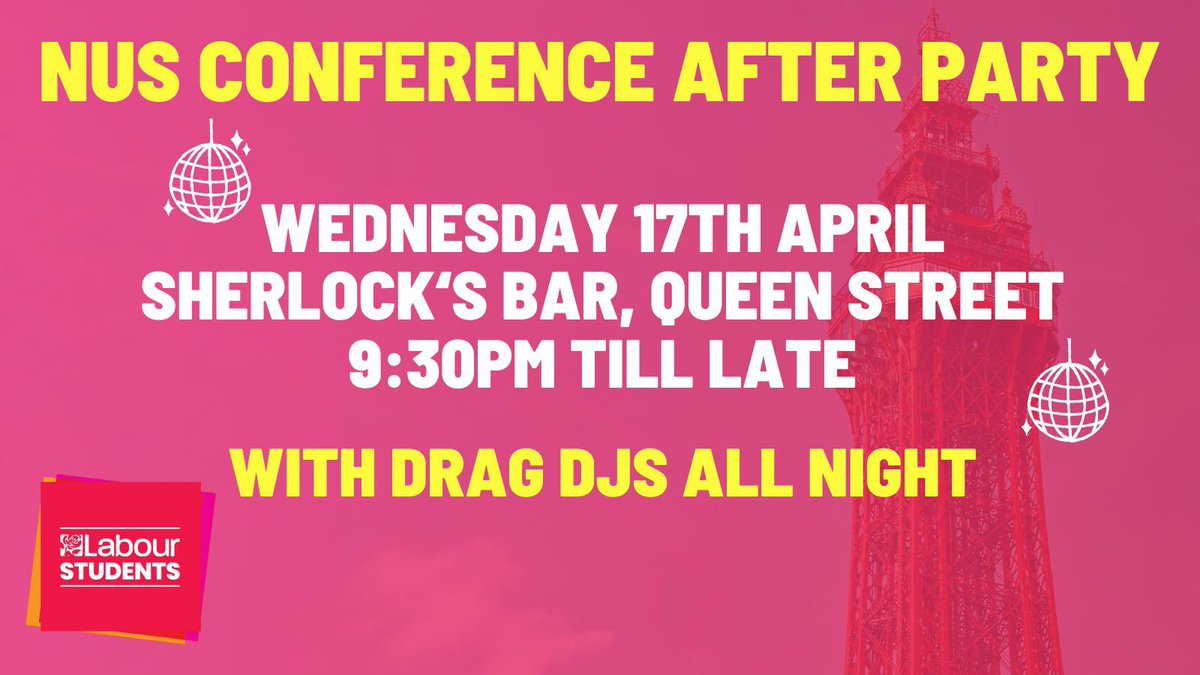 To close off the first day of NUS conference, we’re having a party at Sherlock’s Bar on Queen Street! 🕺 Open to all: it’s free entry, drag DJs all night, from 9.30pm till late - see you there!🌹🪩