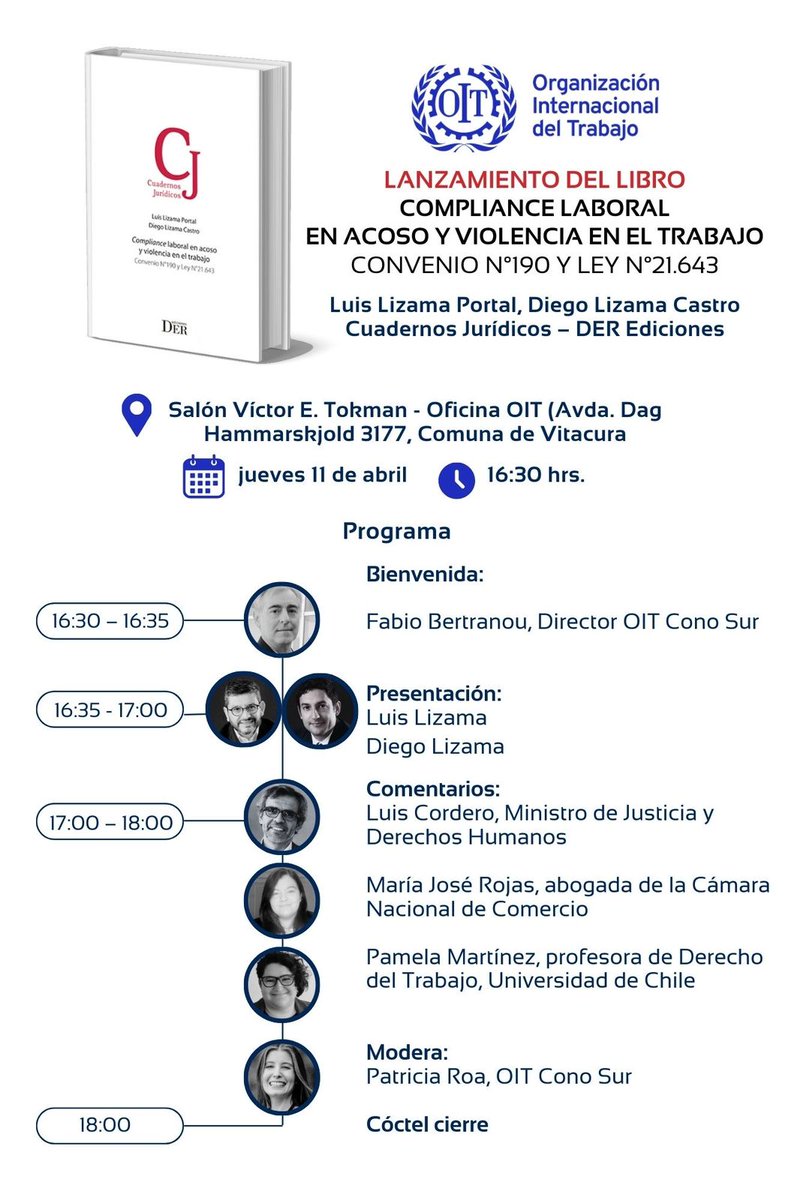 #EnAgenda 🇨🇱 | Presentación del libro: “Compliance laboral en acoso y violencia en el trabajo, Convenio N°190 y Ley N°21.643”, editado por Cuadernos Jurídicos – DER Ediciones. 📍Hoy 16:30 hrs. Sede OIT Cono Sur 📺Transmisión en vivo a través de: youtube.com/c/oitconosur