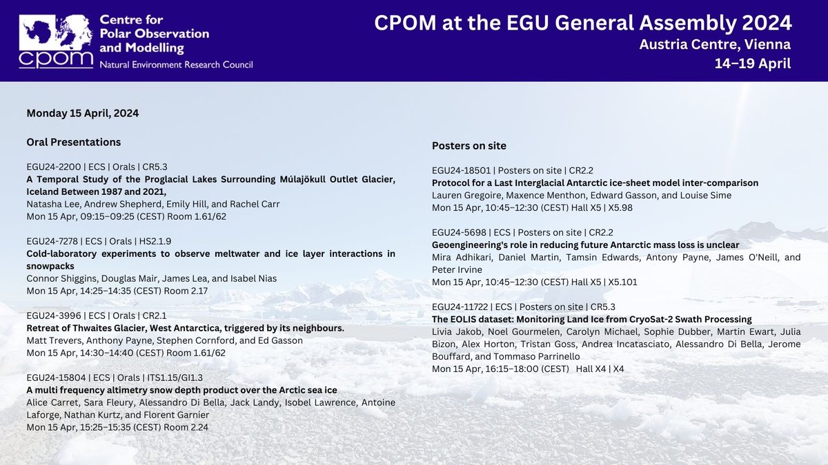 The @EuroGeosciences General Assembly 2024 kicked off yesterday. Here is a selection of the CPOM #cryosphere research being presented today. For a full list visit the #EGU24 website 👇 meetingorganizer.copernicus.org/EGU24/meetingp…