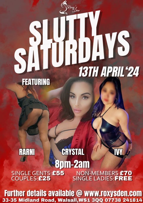 Slutty Saturdays 💋 13TH APRIL 🕑8PM-2AM Come join @smith69_crystal @MlleIvy & Rarni who will be hosting this Saturday 🔥