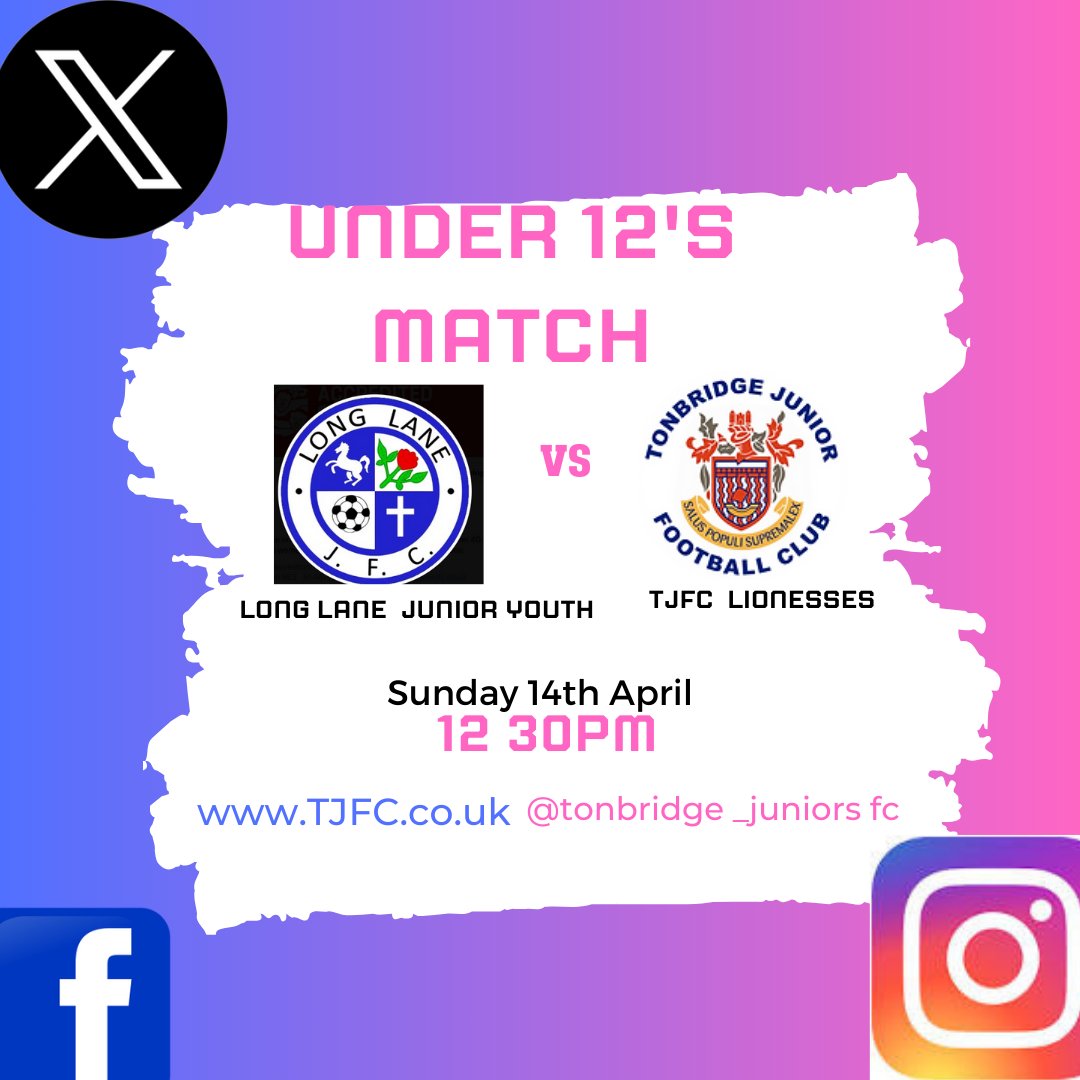 Our Under 12 girls Fixtures for (Sunday 14th April ) 
Both teams are in cup action and look forward to playing Junior Reds Robins and @longlanejfc 

@KentFA @KGLFL #Under12 #Girlsfootball #tonbridgejuniorsfootballclub #TJCgirls #Cupaction #Home #Away #Ontheroad #oneclubonefamily