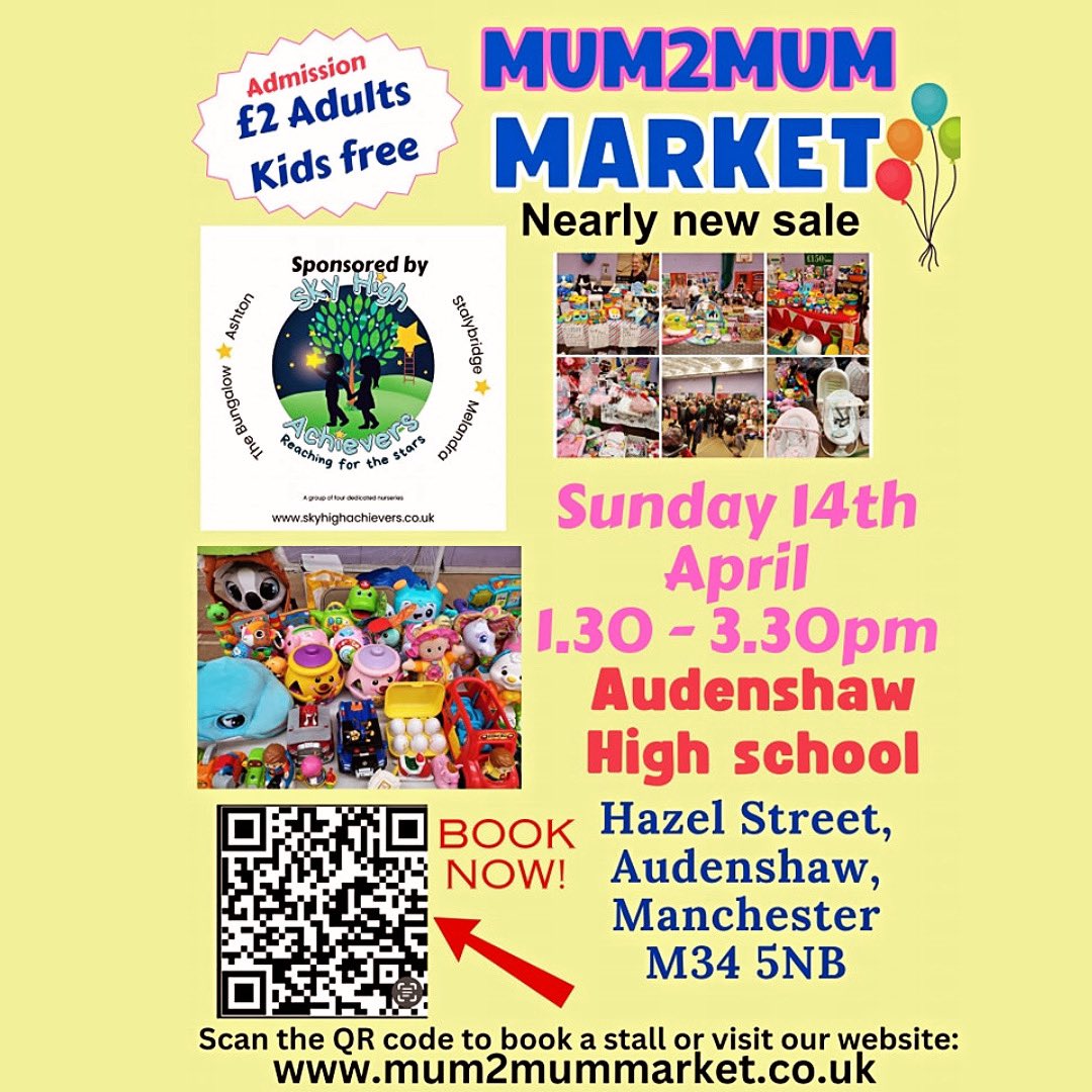 Don't miss out! Mum2Mum Market is hitting Tameside again, bringing you amazing deals on quality second-hand baby and children's items. Swing by Audenshaw High School this Sunday, April 14 from 1:30 to 3:30pm for up to 80% off!