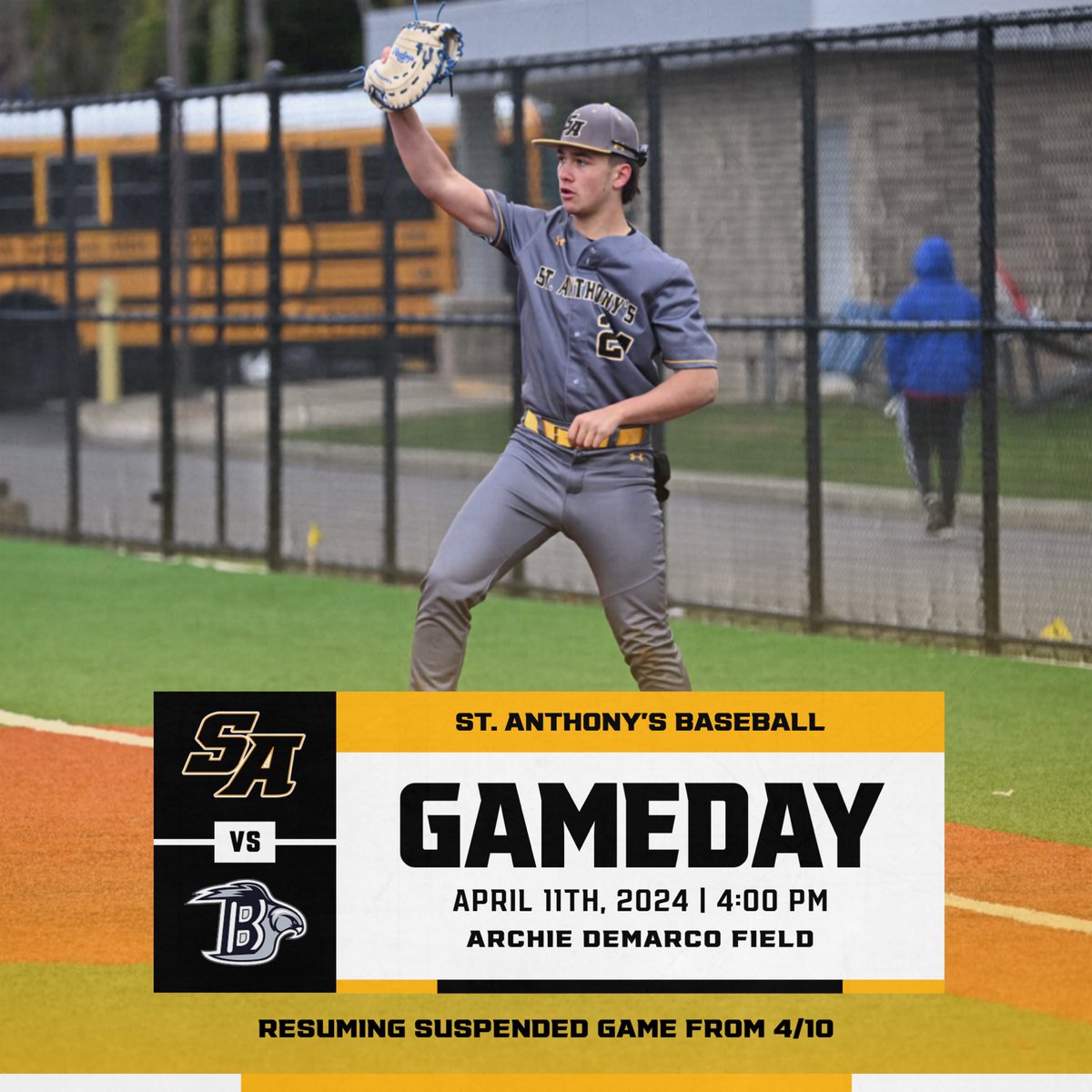 GAMEDAY ⚾️ 🆚: St. Dominic (Resuming Suspended Game from 4/10) ⏰: 4:00 PM 🏟️: St. Anthony’s HS 📺: web.gc.com/teams/GCIrVG6y… #SAFriarNation 🐎 ⚫️🟡 @StAnthonysAth @StAnthonysHS @axcessbaseball