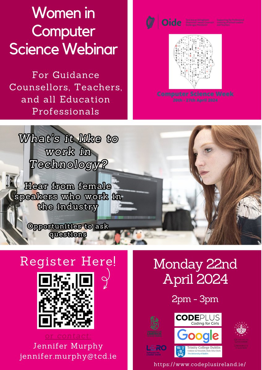 To celebrate computer science week #CSweek, Guidance Counsellors and other Educators may be interested in this special Women in Science Webinar where they can hear from those who work in the industry. @Oide_CompSci Sign up at:
docs.google.com/forms/d/e/1FAI…