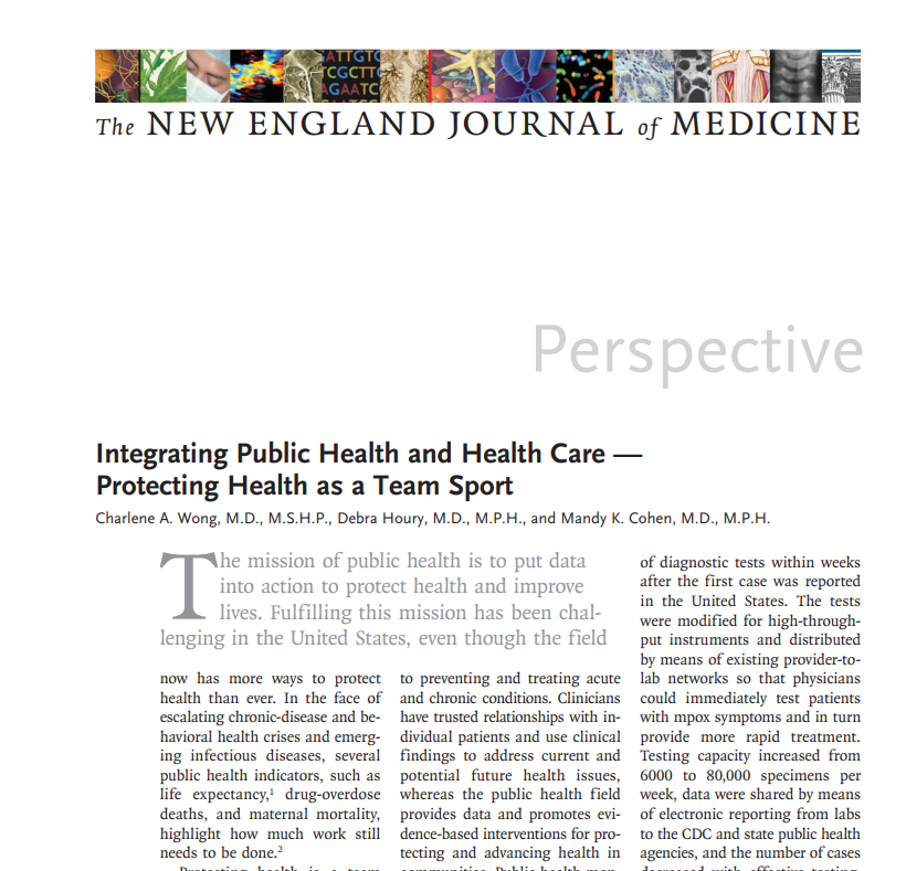 Check out our piece on how to integrate public health &amp; health care to protect health:
1) Public health/health care data connectivity
2) Aligned priorities &amp; shared investments
3) Clear roles/responsibilities &amp; shared accountability

<a href="/CDCDirector/">CDC Director</a> 

nejm.org/doi/full/10.10…