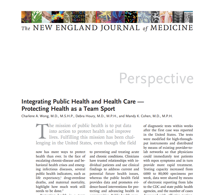 Check out our piece on how to integrate public health & health care to protect health: 1) Public health/health care data connectivity 2) Aligned priorities & shared investments 3) Clear roles/responsibilities & shared accountability @CDCDirector nejm.org/doi/full/10.10…