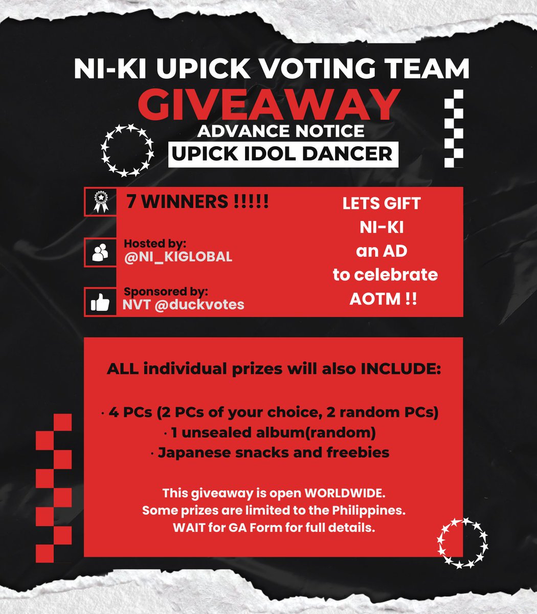 [📢] 240411 • UPICK 🌟 Giveaway Advance Notice 🗳️ Upick Idol Dancer Giveaway 🌏 Open Worldwide 📝 Wait for GA Form for Full Details 🌟 Sponsored By NVT @duckvotes This Upick Idol Dancer poll is expected to open in mid-end of April. 🎁 Reward Preview: • 7 Winners in total…